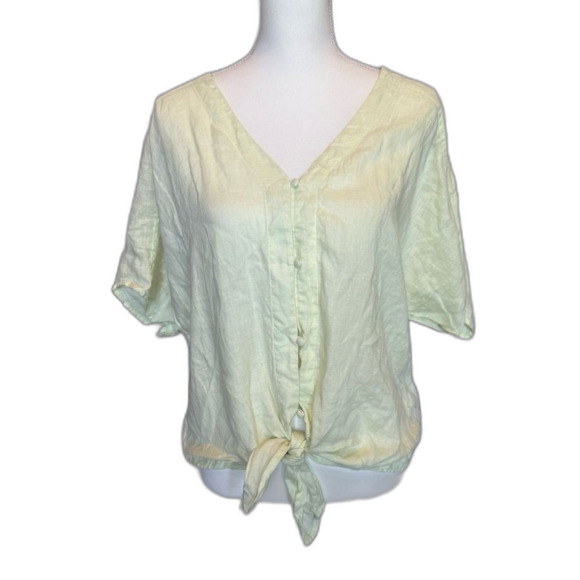 Vince Camuto 100% Linen Button Tie Front Blouse Light Green Size Large V Neck - Picture 2 of 9